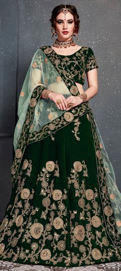 Reception, Wedding Green color Lehenga in Velvet fabric with A Line Embroidered, Sequence, Thread, Zari work : 1594618