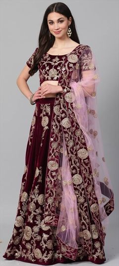 Bridal, Wedding Purple and Violet color Lehenga in Velvet fabric with A Line Embroidered, Sequence, Thread, Zari work : 1594620