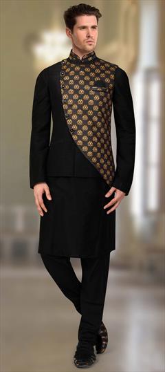 Black and Grey color Kurta Pyjama with Jacket in Silk fabric with Thread work : 1594628