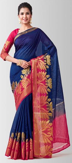 Traditional, Wedding Blue color Saree in Linen fabric with Bengali, South Weaving work : 1594898