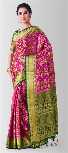 Traditional, Wedding Pink and Majenta color Saree in Kanchipuram Silk, Silk fabric with South Weaving work : 1594949