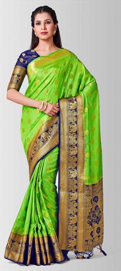 Traditional, Wedding Green color Saree in Kanchipuram Silk, Silk fabric with South Weaving work : 1594953