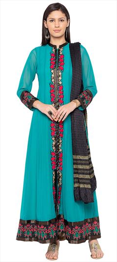 Party Wear Blue color Salwar Kameez in Georgette fabric with Straight Embroidered, Resham, Sequence, Thread work : 1595626