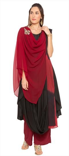 Party Wear Black and Grey, Red and Maroon color Salwar Kameez in Muslin fabric with Asymmetrical Patch work : 1595652