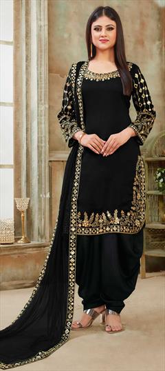 Festive, Party Wear, Reception Black and Grey color Salwar Kameez in Art Silk fabric with Patiala Embroidered, Mirror, Thread work : 1595784