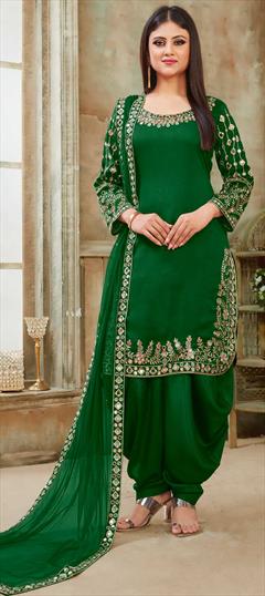 Bollywood, Festive, Party Wear, Reception Green color Salwar Kameez in Art Silk fabric with Patiala Embroidered, Mirror, Thread work : 1595786