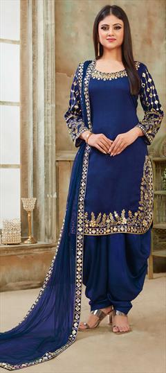Bollywood, Festive, Party Wear, Reception Blue color Salwar Kameez in Art Silk fabric with Patiala Embroidered, Mirror, Thread work : 1595788