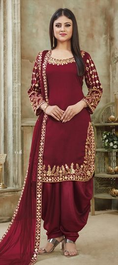 Bollywood, Festive, Party Wear, Reception Red and Maroon color Salwar Kameez in Art Silk fabric with Patiala Embroidered, Mirror, Thread work : 1595790