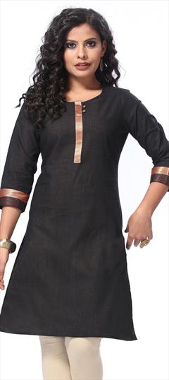 Casual Black and Grey color Kurti in Cotton fabric with Long Sleeve, Straight Lace work : 1596539