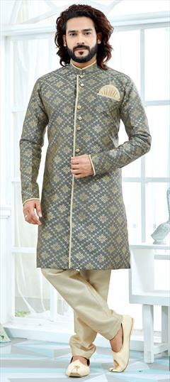 Black and Grey color Sherwani in Jacquard fabric with Weaving work : 1596952