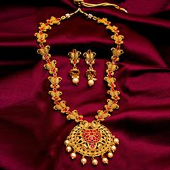 Red and Maroon color Necklace in Brass studded with CZ Diamond, Pearl & Gold Rodium Polish : 1597474