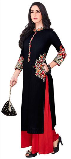 Casual Black and Grey color Tunic with Bottom in Rayon fabric with Embroidered, Resham, Thread work : 1598606