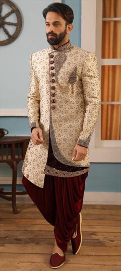 Beige and Brown color IndoWestern Dress in Brocade fabric with Bugle Beads, Embroidered, Stone work : 1598725