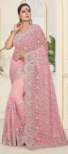 Engagement, Mehendi Sangeet, Wedding Pink and Majenta color Saree in Net fabric with Classic Embroidered, Resham, Stone, Thread work : 1599575