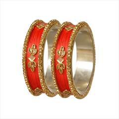 Gold, Orange color Bangles in Brass studded with CZ Diamond, Kundan & Gold Rodium Polish : 1599793
