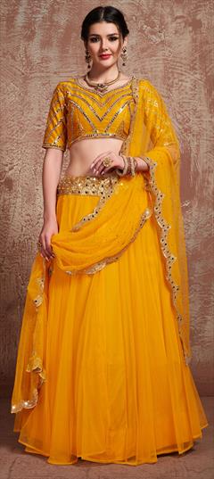 Engagement, Reception Yellow color Lehenga in Net fabric with A Line Mirror, Sequence, Thread, Zari work : 1600566
