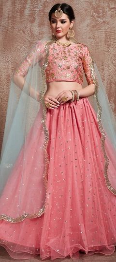 Engagement, Reception Pink and Majenta color Lehenga in Net fabric with A Line Sequence, Thread, Zari work : 1600570