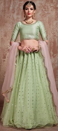 Engagement, Reception Green color Lehenga in Net fabric with A Line Sequence, Thread, Zari work : 1600572