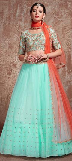 Engagement, Reception Blue color Lehenga in Net fabric with A Line Sequence, Thread, Zari work : 1600574