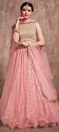 Engagement, Mehendi Sangeet, Reception Pink and Majenta color Lehenga in Taffeta Silk fabric with A Line Embroidered, Sequence, Stone, Thread, Zari work : 1600575