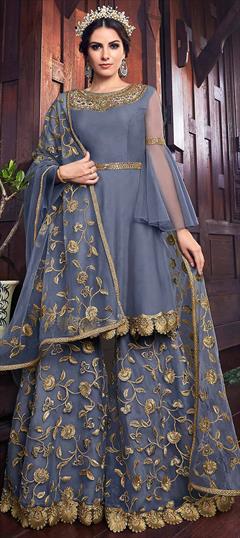 Mehendi Sangeet, Reception Black and Grey color Salwar Kameez in Net fabric with Palazzo Bugle Beads, Moti, Stone work : 1601130