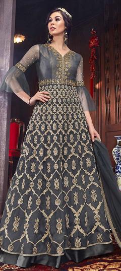 Mehendi Sangeet, Reception Black and Grey color Salwar Kameez in Net fabric with Abaya Embroidered, Stone, Thread, Zari work : 1601141