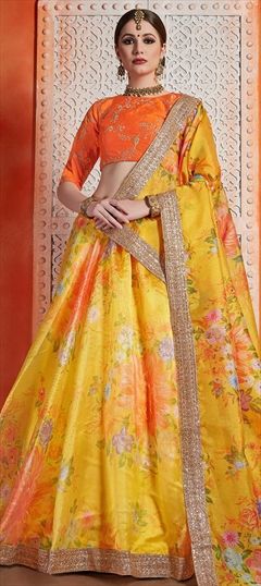 Engagement, Mehendi Sangeet, Wedding Yellow color Lehenga in Organza Silk, Silk fabric with A Line Sequence, Thread, Zari work : 1601165