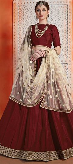 Mehendi Sangeet, Wedding Red and Maroon color Lehenga in Art Silk fabric with A Line Thread, Zari work : 1601166