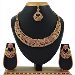 Pink and Majenta color Necklace in Metal Alloy studded with CZ Diamond & Gold Rodium Polish : 1602551
