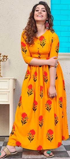 Casual Orange color Kurti in Muslin fabric with A Line, Long Sleeve Digital Print work : 1602716