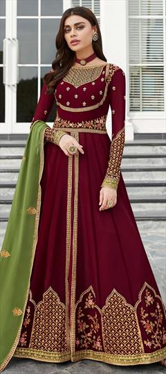 Party Wear Red and Maroon color Salwar Kameez in Faux Georgette fabric with Slits Embroidered, Resham, Stone, Thread, Zari work : 1603238