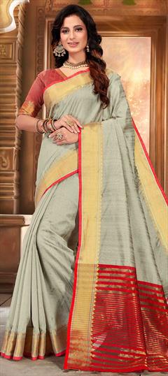 Traditional Black and Grey color Saree in Chanderi Silk, Silk fabric with South Weaving work : 1603457