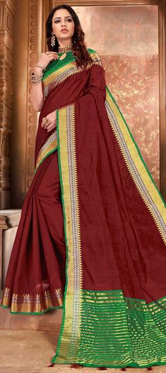 Traditional Red and Maroon color Saree in Chanderi Silk, Silk fabric with South Weaving work : 1603459