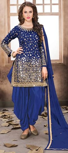 Party Wear Blue color Salwar Kameez in Taffeta Silk fabric with Patiala Embroidered, Mirror, Thread, Zari work : 1603895