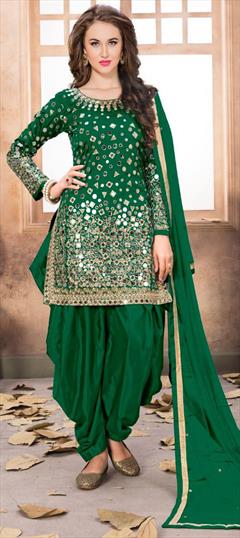 Party Wear Green color Salwar Kameez in Taffeta Silk fabric with Patiala Embroidered, Mirror, Thread, Zari work : 1603897