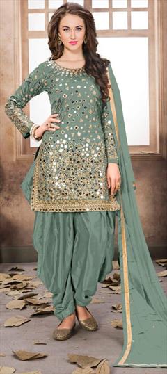 Party Wear, Reception Green color Salwar Kameez in Taffeta Silk fabric with Patiala Embroidered, Mirror, Thread, Zari work : 1603900
