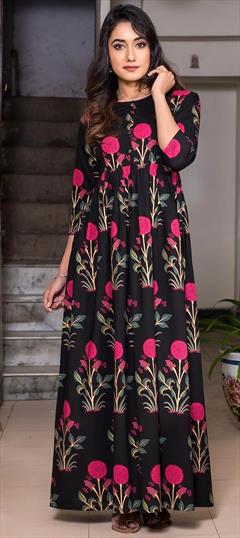 Casual Black and Grey color Gown in Muslin fabric with Digital Print work : 1603982