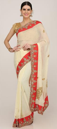 Engagement, Mehendi Sangeet, Wedding Beige and Brown color Saree in Georgette fabric with Classic Cut Dana, Embroidered, Resham, Stone, Thread, Zircon work : 1604147