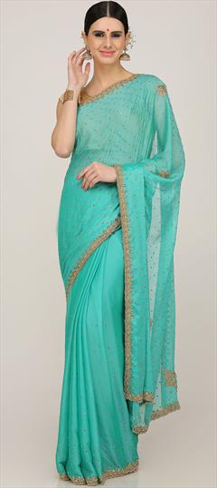 Engagement, Mehendi Sangeet, Wedding Blue color Saree in Chiffon fabric with Classic Cut Dana, Embroidered, Resham, Stone, Thread, Zircon work : 1604155