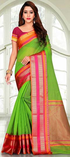 Casual, Traditional Green color Saree in Kota Doria Silk, Silk fabric with Bengali, South Weaving work : 1604376