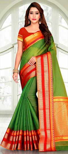 Casual, Traditional Green color Saree in Kota Doria Silk, Silk fabric with Bengali, South Weaving work : 1604377