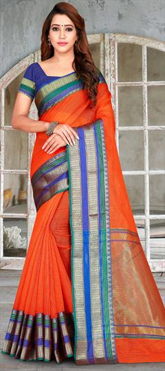 Casual, Traditional Orange color Saree in Kota Doria Silk, Silk fabric with Bengali, South Weaving work : 1604381