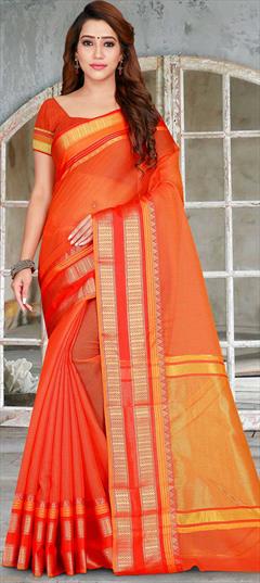 Casual, Traditional Orange color Saree in Kota Doria Silk, Silk fabric with Bengali, South Weaving work : 1604383