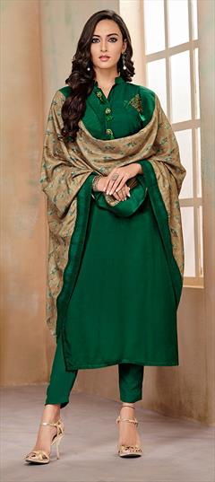 Party Wear Green color Salwar Kameez in Cotton fabric with Straight Patch work : 1604456