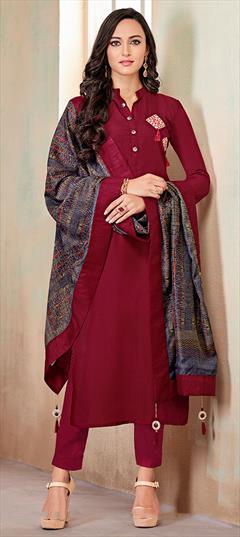 Party Wear Red and Maroon color Salwar Kameez in Cotton fabric with Straight Patch work : 1604457