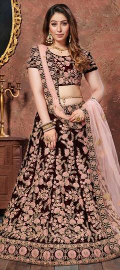 Bridal, Wedding Red and Maroon color Lehenga in Velvet fabric with A Line Embroidered, Sequence, Thread work : 1604488