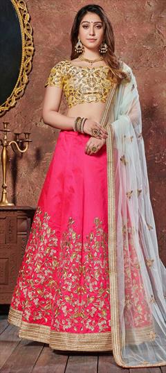 Bridal, Wedding Pink and Majenta color Lehenga in Mulberry Silk fabric with A Line Embroidered, Sequence, Thread work : 1604489