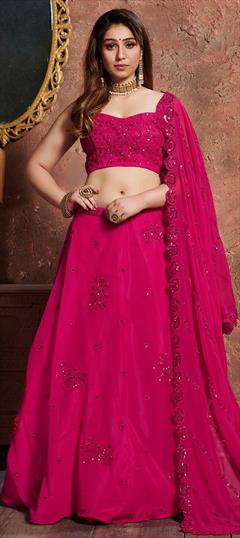 Bridal, Wedding Pink and Majenta color Lehenga in Georgette fabric with A Line Embroidered, Sequence, Thread work : 1604491