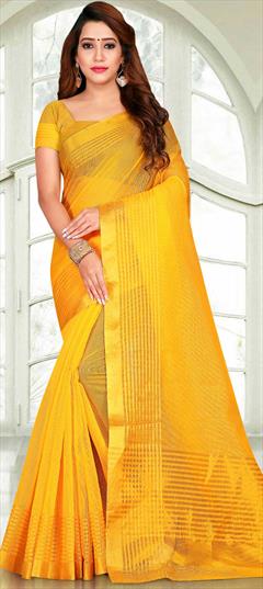 Casual, Traditional Yellow color Saree in Kota Doria Silk, Silk fabric with Bengali, South Weaving work : 1604513