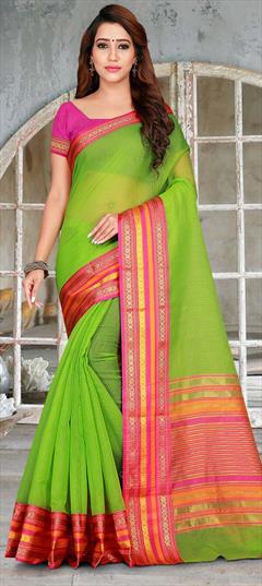 Casual, Traditional Green color Saree in Kota Doria Silk, Silk fabric with Bengali, South Weaving work : 1604529